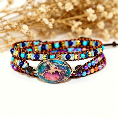 Handmade Boho Wrap Bracelets Natural Turquoise Crystal Stone Variety Beaded Strand Bracelet - color: Purple