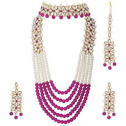 Aheli Wedding Party Wear Bridal Jewellery Choker Long Pearl Necklace Earrings Maang Tikka Indian Traditional Set Gift for Women - color: Rani Pink-1