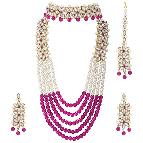 Aheli Wedding Party Wear Bridal Jewellery Choker Long Pearl Necklace Earrings Maang Tikka Indian Traditional Set Gift for Women - color: Rani Pink-1
