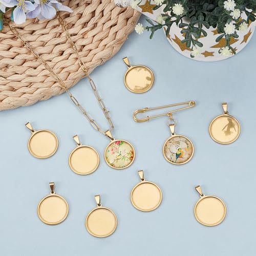 1 Box 10Pcs 25mm Gold Bezel Trays Stainless Steel Cabochon Setting Metal Flat Round Cameo Pendant Base Trays Blanks Charm for Photo Jewelry Making Earrings Necklace DIY Craft Accessories - style: gold round
