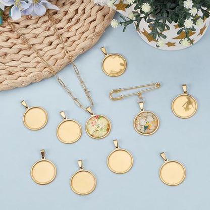 1 Box 10Pcs 25mm Gold Bezel Trays Stainless Steel Cabochon Setting Metal Flat Round Cameo Pendant Base Trays Blanks Charm for Photo Jewelry Making Earrings Necklace DIY Craft Accessories - style: gold round
