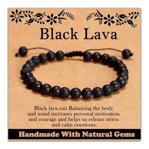 468Handmade Adjustable Natural Gemstone Crystal Bracelet Healing Power Energy Inspirational Gifts with Card for Unisex - color: 06-Black Lava(Solidify Belief), size: 6mm
