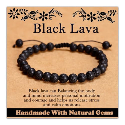 468Handmade Adjustable Natural Gemstone Crystal Bracelet Healing Power Energy Inspirational Gifts with Card for Unisex - color: 06-Black Lava(Solidify Belief), size: 6mm