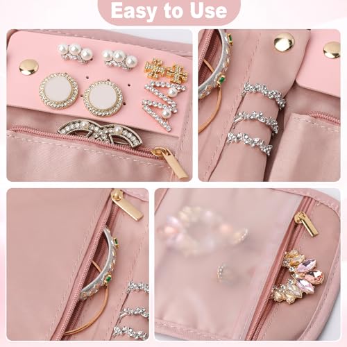 Travel Jewelry Organizer Roll – Foldable Jewelry Storage Bag for Rings, Necklaces, Earrings & Bracelets, Portable Mini Soft Pink Travel Jewelry Case for Women