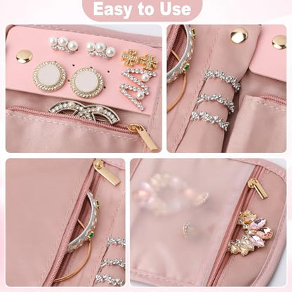 Travel Jewelry Organizer Roll – Foldable Jewelry Storage Bag for Rings, Necklaces, Earrings & Bracelets, Portable Mini Soft Pink Travel Jewelry Case for Women