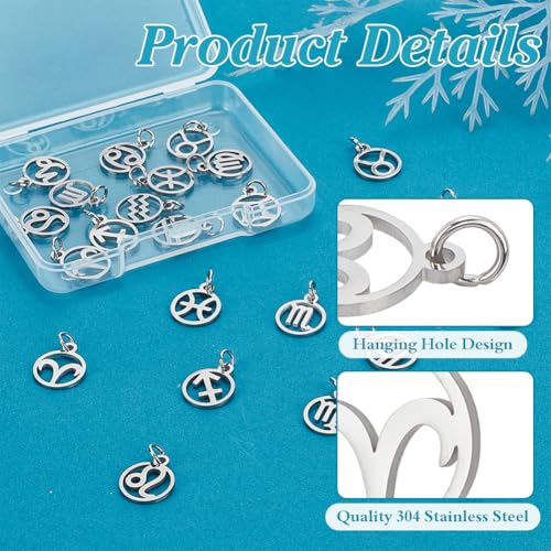 PH PandaHall 24pcs 304 Stainless Steel 12 Constellations Charms Zodiac Sign Pendants Charm Flat Round with Constellation Pendants Astrology Horoscope Charms for DIY Jewelry Craft Making