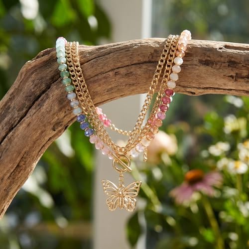 Colorful Acrylic Beaded Necklace For Women, Boho Double Layer Rainbow Beads Thick Cuban Chain Chunky Heart Pendant Statement Choker Summer Beach Jewelry Gift - color: Colorful Gold Hollow Butterfly