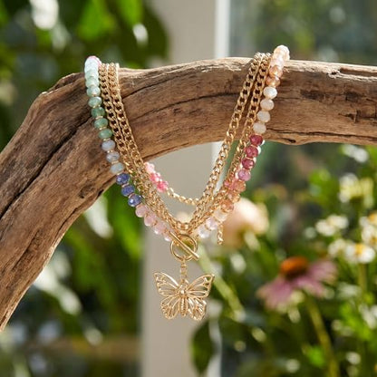 Colorful Acrylic Beaded Necklace For Women, Boho Double Layer Rainbow Beads Thick Cuban Chain Chunky Heart Pendant Statement Choker Summer Beach Jewelry Gift - color: Colorful Gold Hollow Butterfly