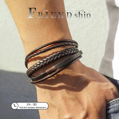 GAUEIOUR Men's Leather Bracelet - Brown with Stainless Steel Clasp, Casual Multi-Layer Creative Braided Bracelets, Vintage Personalized Handmade Wristband Punk Rock Jewelry for Mens