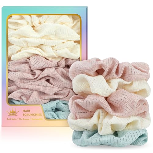 Crinkle Waffle Scrunchies, Soft Breathable Fabric Hair Ties, Neutral Pastel Colors (Pink, Cream, Mint) No Damage for Women, Thin & Thick Hair, Everyday Casual, Work & Gym Use - color: Set 15