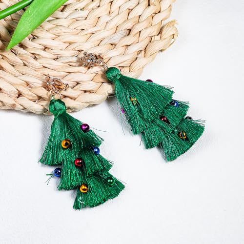 Boho Statement Tassel Earrings - Clip On Feather Dangling Fringe Earrings for Women - Non Piercing Jewelry for Vacation, Beach, Bride, Bachelorette, Costume, Prom - color: Christmas Tree Clip On