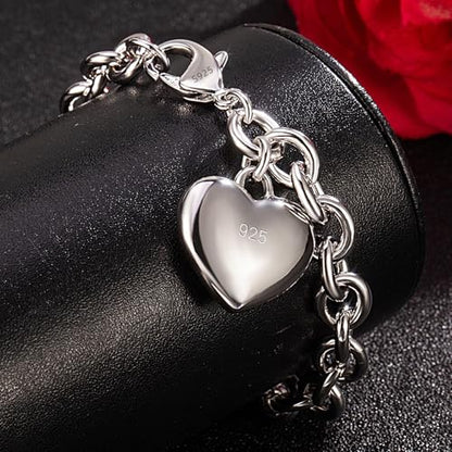 Dankadi Women 925 Sterling Silver Round Cable Wire Link Bracelet Charm Heart-Bell-Square-Circle Pendant Chain Bangle Fine Jewelry Gift For Wife Her - color: 6mm Silver Heart Pendant, size: 6.7 in