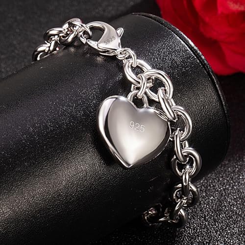 Dankadi Women 925 Sterling Silver Round Cable Wire Link Bracelet Charm Heart-Bell-Square-Circle Pendant Chain Bangle Fine Jewelry Gift For Wife Her - color: 6mm Silver Heart Pendant, size: 6.3 in