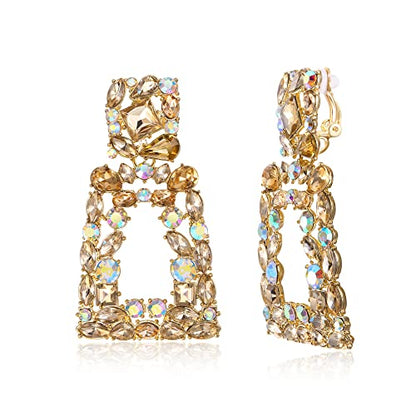 Flyonce Rectangle Clip-on Drop Earrings for Women, Sparkly Rhinestone Crystal Geometric Statement Non Pierced Earring Wedding Prom Party Jewelry for Brides Bridesmaid - color: Brown Gold-Tone