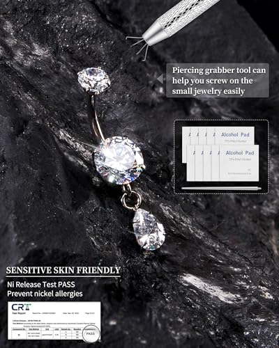G23 Titanium Dangle 14G Belly Button Rings Sparkling CZ Navel Rings Belly Piercing Jewelry Teardrop Dangling Belly Rings Gold/Silver - color: Silver, size: 12MM