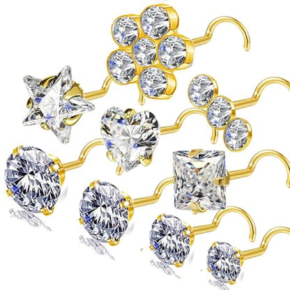 14k Gold Plated Nose Rings Studs for Women 316L Surgical Steel Nose Piercings 22g/20g/18g Gauges 1.5mm/2mm/2.5mm/3mm/3.5mm/4.5mm Sizes - color: 20g 9pcs S Gold Surgical Steel