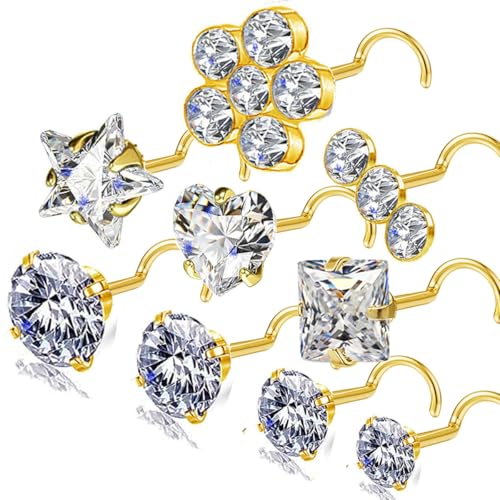 14k Gold Plated Nose Rings Studs for Women 316L Surgical Steel Nose Piercings 22g/20g/18g Gauges 1.5mm/2mm/2.5mm/3mm/3.5mm/4.5mm Sizes - color: 20g 9pcs S Gold Surgical Steel