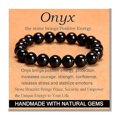 Carnelian Bracelet - Stone of Luck,Stretch Natural Stone Crystal Beads Jewelry Gifts for Women Men Unisex - color: Black Onyx-Positive Energy, size: 10mm
