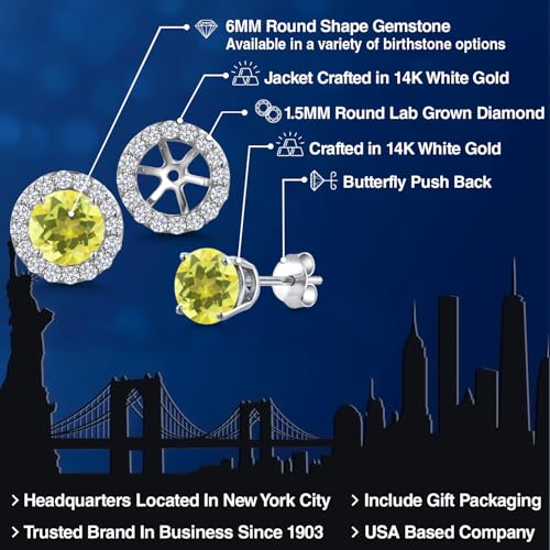 Gem Stone King 14K White Gold 6MM Round Gemstone Birthstone Stud Earrings with Removable Jackets and Lab Grown Diamond Accents | Gold Earrings For Women | Fine Jewelry Gift for Her Mom Women Wife - color: Canary Mystic Topaz
