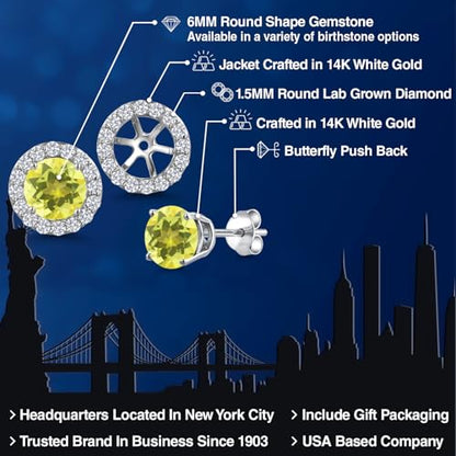 Gem Stone King 14K White Gold 6MM Round Gemstone Birthstone Stud Earrings with Removable Jackets and Lab Grown Diamond Accents | Gold Earrings For Women | Fine Jewelry Gift for Her Mom Women Wife - color: Canary Mystic Topaz