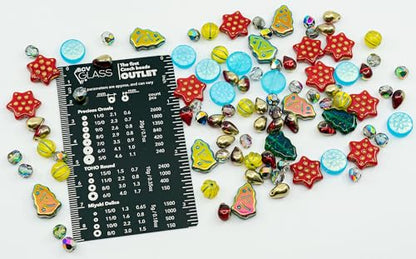 2.1oz (60g) of Christmas Czech Glass Bead Mix 2024 with Trees, Melons, Snowflakes and Faceted Beads, Dark Green Yellow Xmas - color: Christmas Mix 2024