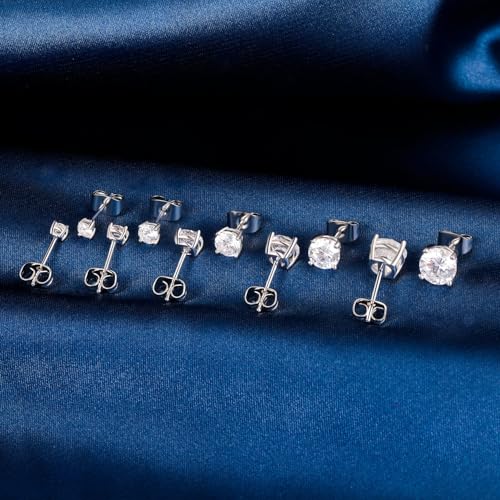 6 Pairs Cubic Zirconia Stud Earrings for Women/Men - Round Cut 4 Prong Settings 18K Gold Plated Hypoallergenic 3-8mm Clear Earrings Set - color: 3-7mm Wihte Gold - Round 4 Prong