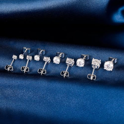6 Pairs Cubic Zirconia Stud Earrings for Women/Men - Round Cut 4 Prong Settings 18K Gold Plated Hypoallergenic 3-8mm Clear Earrings Set - color: 3-7mm Wihte Gold - Round 4 Prong