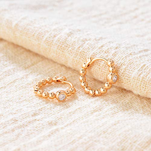 Huggie Hoop Earrings 14K Gold Plated Cubic Zirconia Dainty Simple Cute Beads Elegant CZ Circle Small Hoop Earring for Women Minimalist Handmade Hypoallergenic Jewelry - color: Beaded CZ