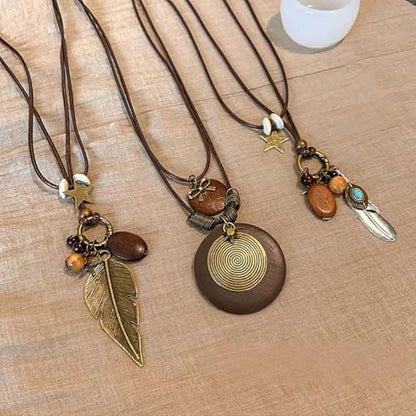 Boho Necklace for Women Long Layered Wooden Leather Leaf Pendant Statement Necklace Vintage Boho Jewelry - style: Leaf