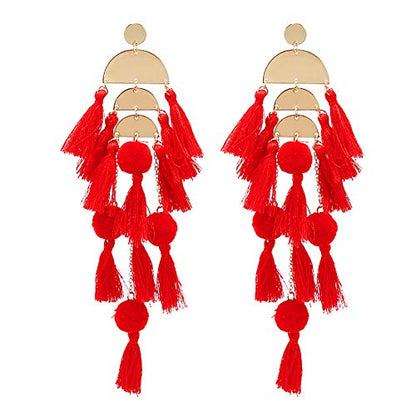 Long Tassel Earrings for Women Colorful Fringe Drop Dangle Earrings Bohemian Hawaiian Summer Beach Jewelry for Womens Vacation Outfits - color: Red