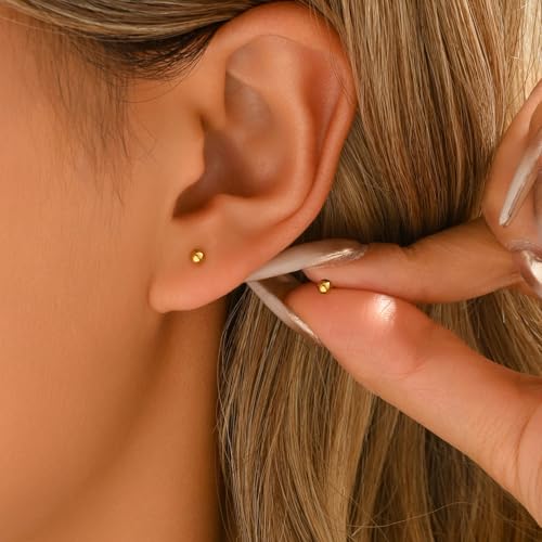Dainty Stud Earrings for Women 18K Gold Plated Tiny Ball Stud Earrings Minimalist Bead Studs for Women - size: Ball 3MM