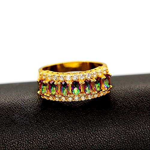 Uloveido Beautiful Women's 7 Stones Wedding Band Oval Cubic Zirconia Engagement Anniversary Rings J501 - color: Gold-Multi