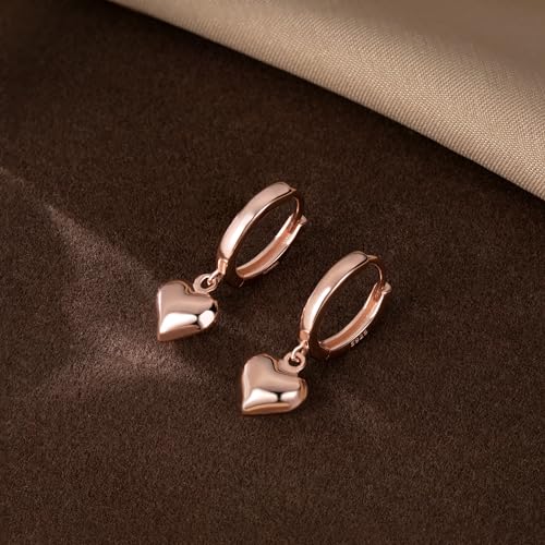 SLUYNZ Solid 925 Sterling Silver 8MM Fat Heart Hoop Earrings for Women Teens Sweet Love Hoop Earrings Huggie - color: C-Rose Gold Plated