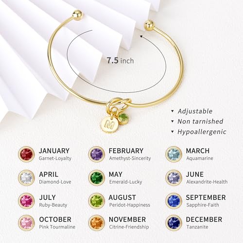 Birthstone Initial Bracelets for Women, Dainty 14K Gold Plated 12 Months Disc Initial A-Z Birthstone Heart Knot Bangle Bracelet Birthday Bridesmaid Jewelry Gifts for Women - color: C, style: 010-Oct-Created Grown Pink Sapphire