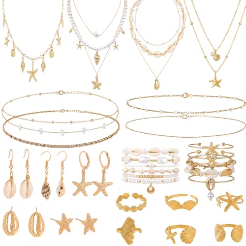 Boho Beach Jewelry Sets for Women | Summer Seashell Starfish Accessories, Necklace, Earrings, Rings Anklet - style: 35pcs Ocean Beach Set