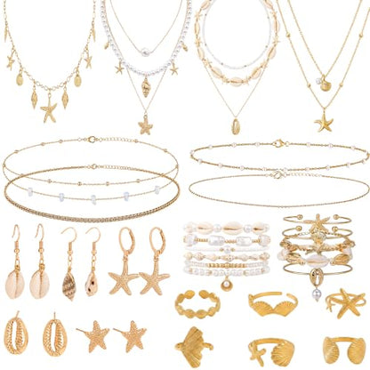 Boho Beach Jewelry Sets for Women | Summer Seashell Starfish Accessories, Necklace, Earrings, Rings Anklet - style: 35pcs Ocean Beach Set