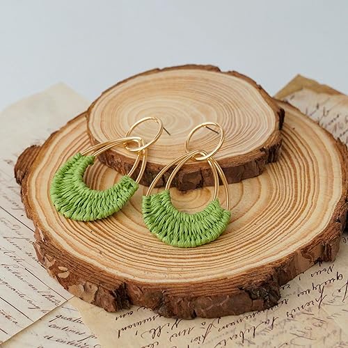 Raffia Hoop Earrings for Women Fun Boho Summer Beach Earrings Lightweight Handmade Straw Wicker Rattan Dangle Earrings Statement Geometric Round Drop Earrings - color: Green - Teardrop