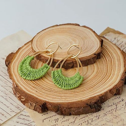 Raffia Hoop Earrings for Women Fun Boho Summer Beach Earrings Lightweight Handmade Straw Wicker Rattan Dangle Earrings Statement Geometric Round Drop Earrings - color: Green - Teardrop