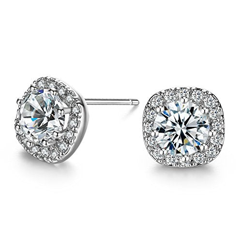 SBLING Platinum Plated Cubic Zirconia/Austrian Crystal Cushion Shape Halo Pendant Necklace/Earrings - color: Match Earrings-Cubiz Zirconia