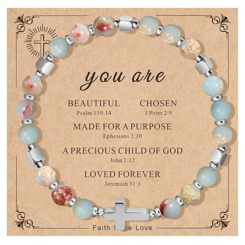 Natural Stone Stretch Bracelet for Women - Holy Water Elastic Cross Bracelet | Christmas Christian Baptism Gift, Meaningful Gifts, Unique Gift for Friends Mom Daughter Sister - style: cross-Faith
