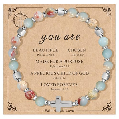 Natural Stone Stretch Bracelet for Women - Holy Water Elastic Cross Bracelet | Christmas Christian Baptism Gift, Meaningful Gifts, Unique Gift for Friends Mom Daughter Sister - style: cross-Faith