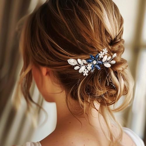 Silver Crystal Hair Comb Rhinestone Bridal Wedding Hair Pieces Flower Hair Accessories for Women and Brides (Blue)