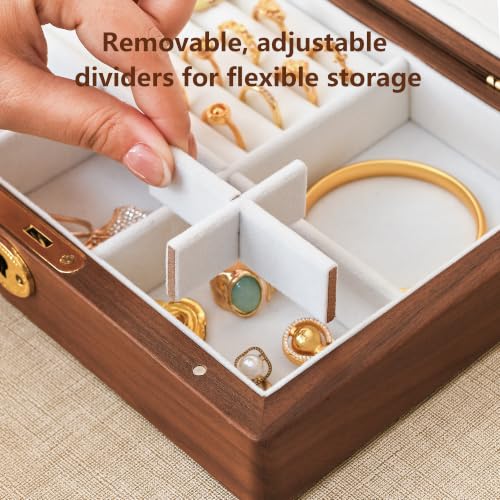Black Walnut Wooden Lockable Jewelry Box, Natural Solid Wood Jewelry Organizer, Velvet Lined Case with Adjustable Dividers for Necklace Ring Earrings Bracelet, Handcrafted Gifts for Mom Women Girls - color: 1 Layer Lockable