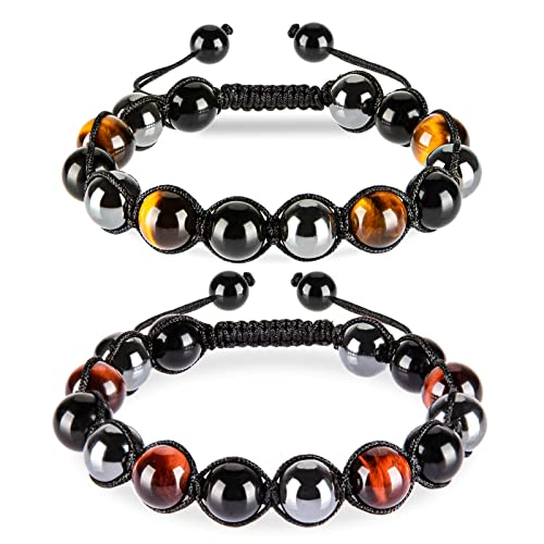 SAMXY Triple Protection Bracelet, 8mm Healing Crystal Bead Bracelet, 3pcs Blue Red Tiger's Eye Obsidian Hematite Bracelet Women Men - color: 2Pcs-10mm
