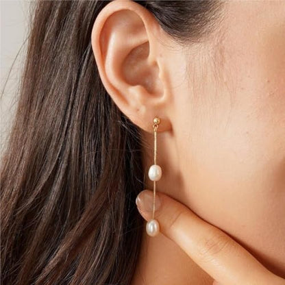Pearl Earrings for Women:Gold Wedding Dangle Drop Earring Pearl Jewelry | 14K Gold Plated Pearl Drop Earrings for Women,Dainty Wedding Bride Earring Studs,Gold Dangle Drop Earring,Waterproof Jewelry - size: 1 pcs-1
