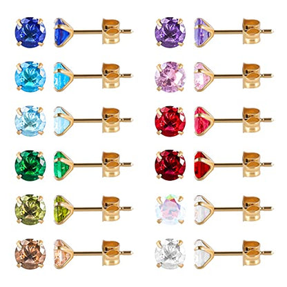 12 Pairs 18K Gold Plated Surgical Stainless Steel Stud Earrings, Star Heart Square Stud Earring for Women, Cubic Zirconia Birthstone Stud Earrings Set - color: Gold round 3mm
