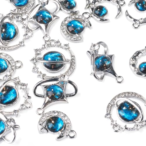 Blue Alloy Rhinestone Charms Cute Moon Star Planet Glass Charm | 16pcs 4 Styles Celestial Rhinestone Pendants Romantic Alloy Metal Charm with Glass for DIY Necklace Bracelet Jewelry Making - color: Dodger Blue