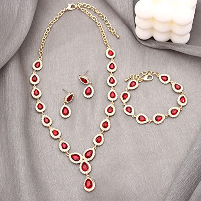 Austrian Crystal Rhinestone Necklace Dangle Earrings Link Bracelet Jewelry Set for Brides Bridesmaid Prom Costume Accessories for Women - color: Red-Gold Plated