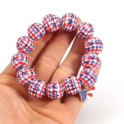 Independence Day Wooden Beaded Bracelet for Women American Flag Red White Blue Beads Stretch Bracelet with Star Heart Charms 4th of July Jewelry - color: Butterfly