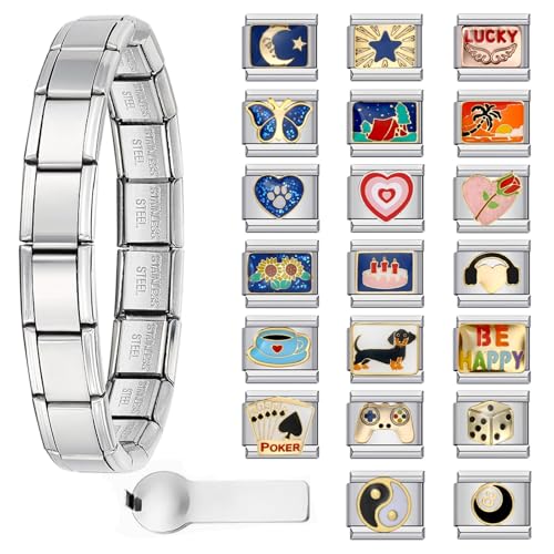Italian Charm Bracelet with 10 or 20 Charms, Stainless Steel Adjustable DIY Charm Bracelet for Women & Men, Includes Opener Tool – Gold or Silver Options - color: Silver-20PCS